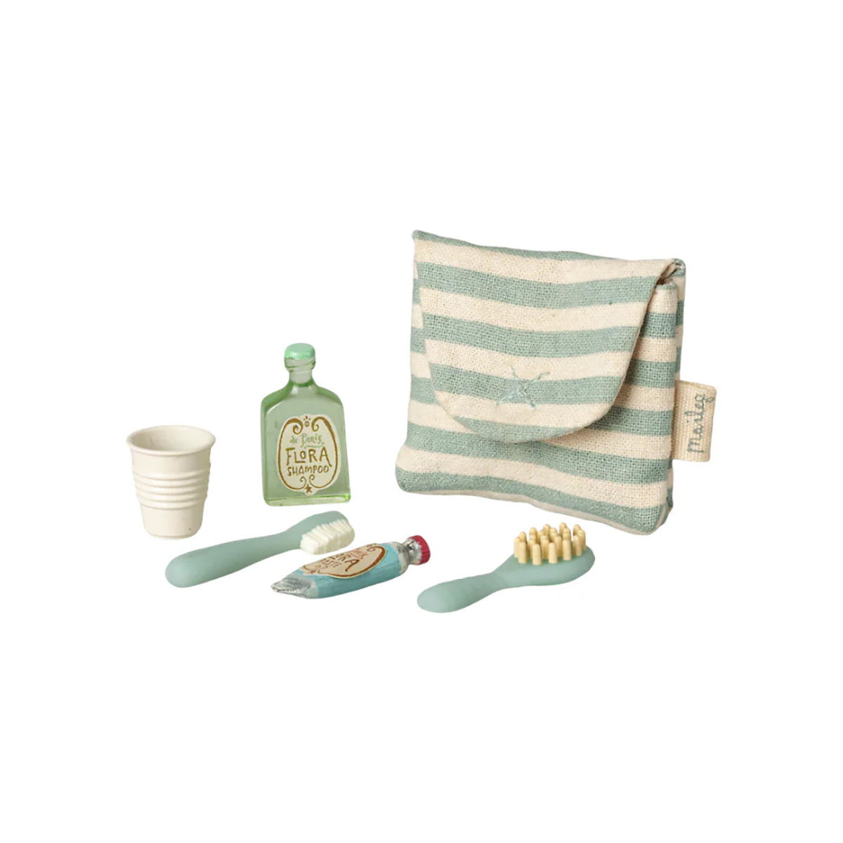 Maileg Toothbrush Set in Bag, Mouse - Blue Stripe