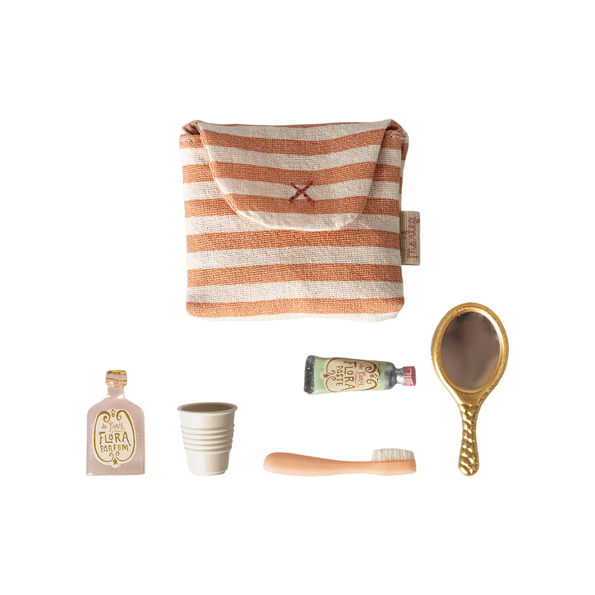 Maileg Toothbrush Set in Bag, Mouse -Coral Stripe