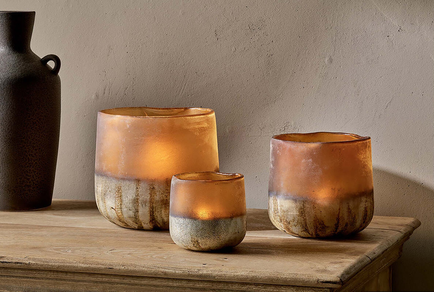 Nkuku Ngogo Tealight Holder, Small - Antiqued Amber