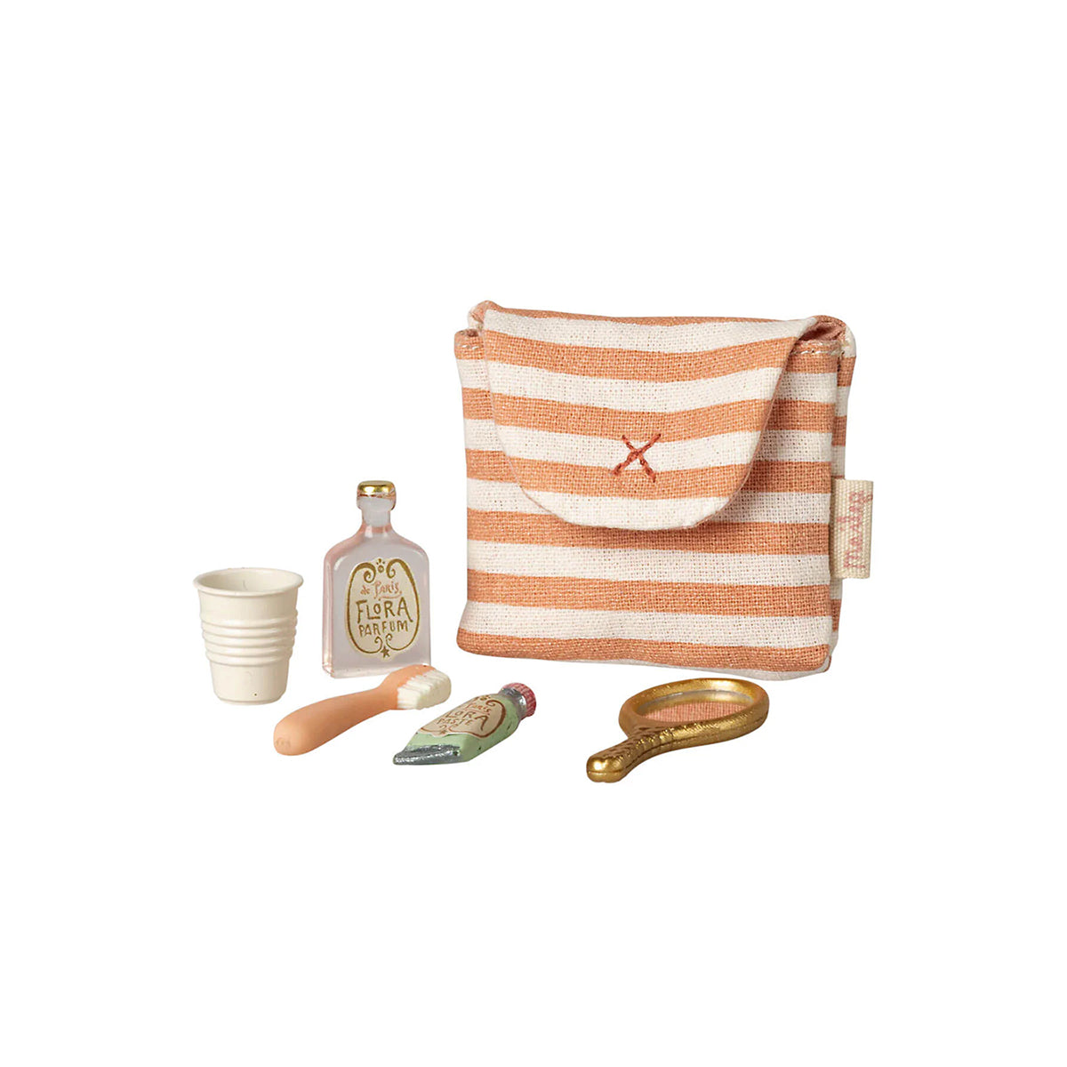 Maileg Toothbrush Set in Bag, Mouse -Coral Stripe